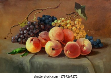 Ripe Juicy Peaches And Grapes On The Table,handmade Painting, Oil Painting On Canvas, Fine Art, Still Life, Food, Vegetarian, Dessert, Fruit