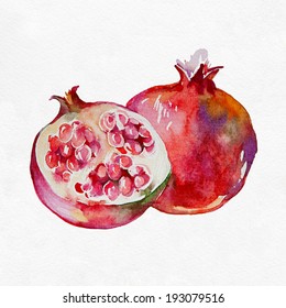 Ripe pomegranate fruit. Watercolor painting on white background.