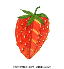 Ripe summer strawberry watercolor illustration. Fresh berry with leaves, stem isolated on white background. Hand drawn wild, garden, field fruit. Sliced strawberry. Food clipart for cards, posters,web