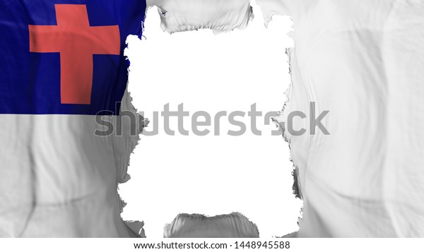 Ripped Christian flying flag, over white\
background, 3d\
rendering