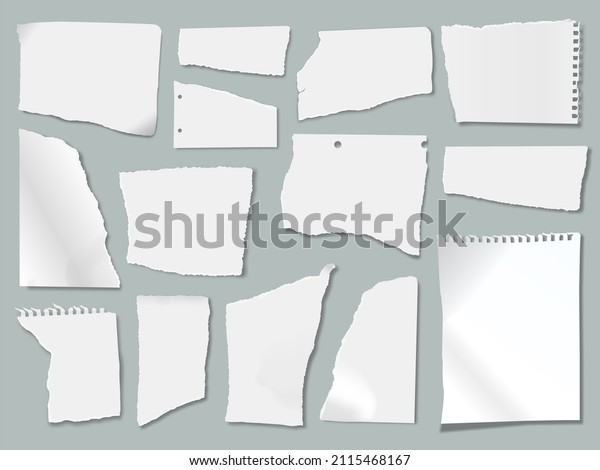 Ripped paper scraps\
with torn edges, ragged papers pieces. Realistic white crumpled\
notebook sheets, shredded page strips  set. Clean or blank\
fragments for notices from\
notepad