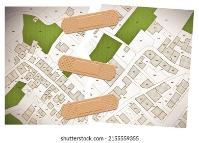 Ripped photo of an imaginary cadastral map of territory with buildings, roads and land parcel - 3D rendering concept with adhesive bandage