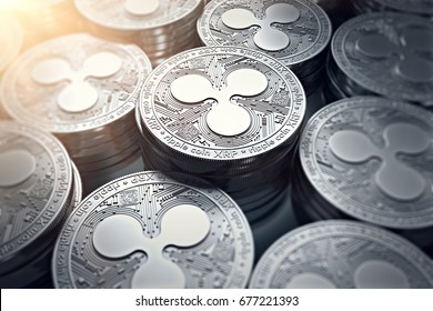 Ripple Coins (XRP) In Blurry Closeup With Sun Flare. New Cryptocurrency And Modern Banking Concept. 3D Rendering.