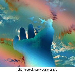 Ripple Effect, Birds In The Sky And Human Hands. Abstract Painting. 3D Rendering.