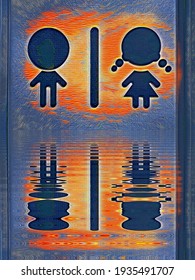 Ripple Effect From Water Reflection Designs And Patterns From Male And Female Iconographic Symbols With Dark Blue And Orange Coloured Back Grounds