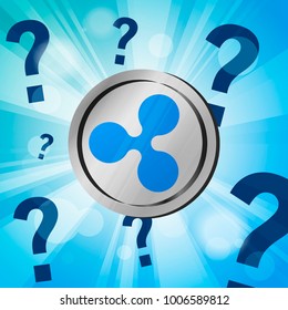 Ripple Xrp Coin Cryptocurrency With Question Marks On The Bright Blue Rays Of Light Effect Background