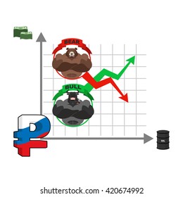 Rise And Fall Of Russian Ruble. Change Quotes Of National Currency. Oil And Dollars. Market Dependence From Petroleum Reserves. Barrel Of Petrol. Bull And Bear. Traders At Stock Exchange