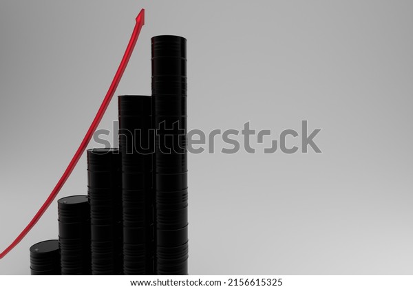 Rise in price of engine oil\
and diesel fuel concept. Metal barrels and ascending chart. 3D\
render.