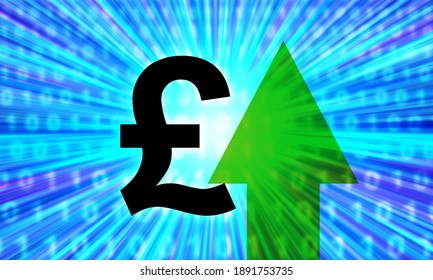 Rise In Value Of Pound Sterling. Arrow Indicates Growth Of UK Currency. Pound Sterling Logo As Symbol Of England Economy. Binary Code In Background As Symbol Of Electronic Trade. Pound Logo Close Up