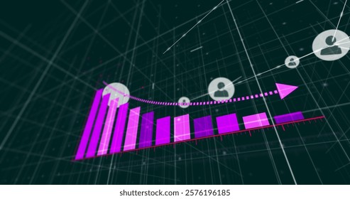 Rising bar graph and arrow image over grid background. Growth, improvement, progress, success, increase, analytics