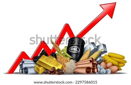 Rising Commodity prices and higher Commodities price or rise in economic goods and natural resources as a stock market trading as crude oil coffee beans copper gold with 3D illustration elements.
