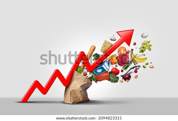 Rising food cost and\
grocery prices surging costs of supermarket groceries as an\
inflation financial crisis concept hit by as a finance graph arrow\
with 3D render\
elements.