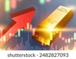 Rising gold prices. Up arrow and golden bullion, increase in quotes of gold mining companies. Trading in precious metals market. Earning income from investing in gold. Cost fluctuations. 3d image