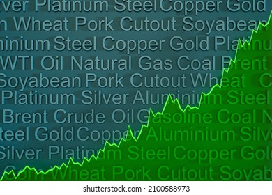 Rising Green Commodity Chart With Some Commodities In The Background Like Bren Crude Oil, Gold, Silver, Natural Gas Or Corn. 3D Illustration