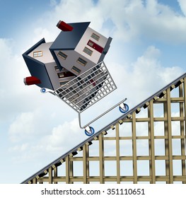 Rising House Prices And Home Price Price Increase Or Growth As A Soaring Real Estate Value Concept And Sold Houses In A Shopping Cart Going Up A Roller Coaster As Surging Residential Concept.

