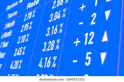Rising interest rates, yield and changes. Bond market, stock market and exchange, savings, investment, financial markets, Interest rates concept. 3D illustration