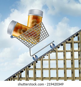 Rising Medicine Costs And The Increase In Drug Insurance Prices As Prescription Pill Bottles In A Shopping Cart On A Roller Coaster Track Going Up As A Symbol Of Higher Pharmaceutical Expenses.