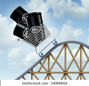 Rising Oil Prices As A Group Of Oil Barrels Or Steel Drum Containers In A Shopping Cart Going Up On A Roller Coaster As A Business Concept Of High Fuel Costs And The Unstable Nature Of Energy Value.