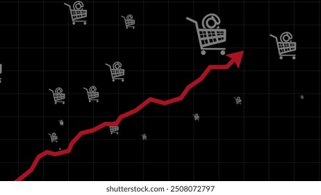 Rising red arrow on black background with cart animation. Growing trend in online shopping and e-commerce