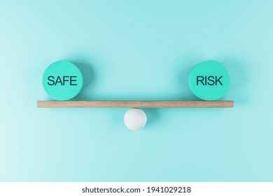 Risk assessment and business opportunity concept with equal weight plates with safe and risk words on wooden scales and glossy ball. 3D rendering