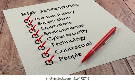 Risk Assessment Types Checklist On White Paper With Red Tickmarks And A Pen 3D Illustration