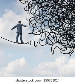 Risk Confusion Business Concept As A Businessman On A High Wire Tight Rope Walking Towards A Tangled Mess As A Metaphor Or Symbol Of Overcoming Adversity In Strategy And Finding Leadership Solutions.