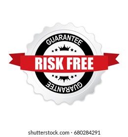 Risk Free Round Silver Badge With Red Ribbon.