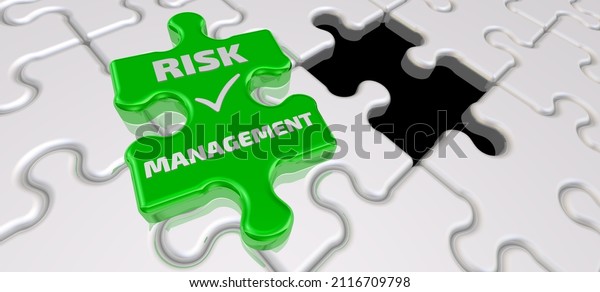Risk\
management. Final piece of the puzzle. Folded white puzzles\
elements and one final green piece of the puzzle with text RISK\
MANAGEMENT and check mark. 3D\
illustration