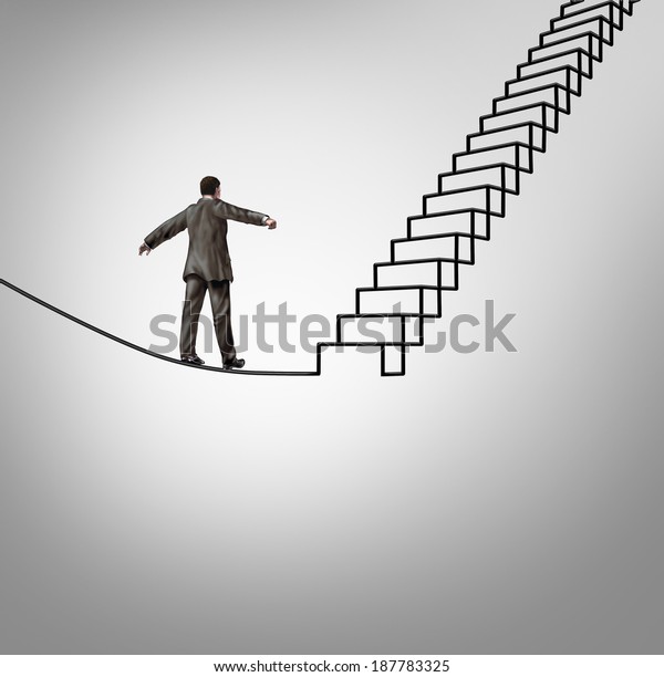Risk opportunity and danger management\
business concept with a businessman balancing on a tightrope shaped\
as upward stairs or stairway as a financial career metaphor for\
reducing\
uncertainty.