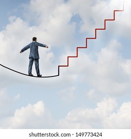 Risk Solutions And Adapting To Change As A Business Idea With A Businessman Walking On A Dangerous High Wire Tightrope That Transforms Into A Staircase Leading To A Clear Path To Future Opportunity.