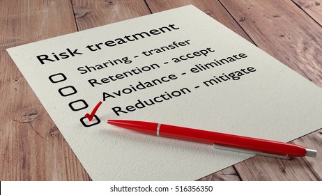 Risk Treatment Checklist Where The Word Reduction Mitigate Has A Red Tickmark On A White Paper List And A Ball Pen 3D Illustration