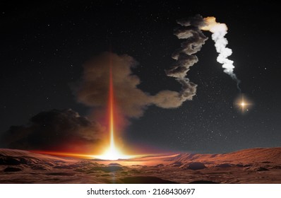 The Risk Of Using Nuclear Weapons Has Reached Its Peak Since The Cold War. Missile Launch At Night. 3D Illustration. Elements Of This Image Furnished By NASA.