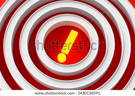Risk, warning, danger, problem and important notice concepts. Illuminated exclamation mark at the center of a target on red background. 3D render.