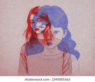 Risograph in the color of red and soft blue. It captures the essence of women's transformation.