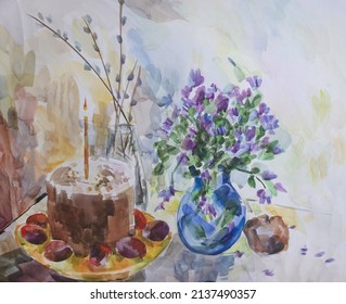 Ritual meal fine art. Easter cake and lit candle. Orthodox christian festival. Spring flowers bouquet. Ecclesiastical painting. Religious illustration.