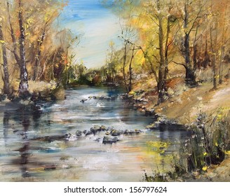 Lake Trees Bushes Oil Painting Artistic Stock Illustration 430773316 ...