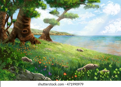 The River Bank with Flowers and Trees. Video Game's Digital CG Artwork, Concept Illustration, Realistic Cartoon Style Background

