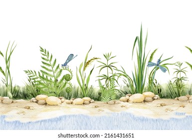River bank seamless border. Watercolor illustration. Hand drawn riverside with sand shore, water, grass, fern. River or lake bank with wild herbs, small rocks, sand. Nature scene border background.