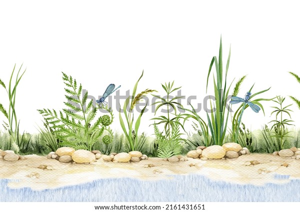 River bank seamless border. Watercolor\
illustration. Hand drawn riverside with sand shore, water, grass,\
fern. River or lake bank with wild herbs, small rocks, sand. Nature\
scene border\
background.