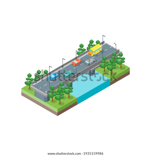 River Bridge Isometric View Element of Map\
Plan on a White Background.\
illustration