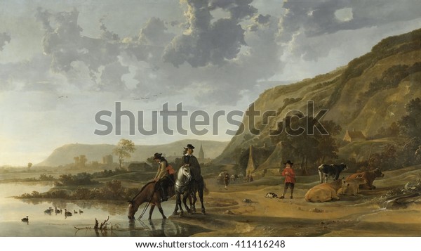River Landscape with Riders, by Aelbert Cuyp,\
1653-57, Dutch painting, oil on canvas. Dutch officers halt at the\
river, and water their horses next to a herder and his resting\
cattle, along the\
River