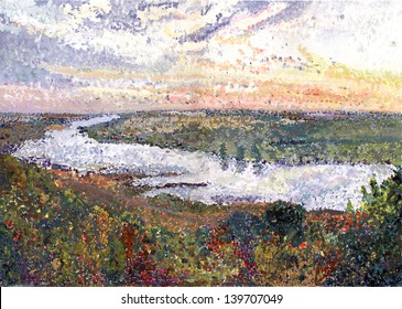 River Landscape. River Tom. Russia. Siberia. Gouache Painting. Pointillism. End Of Summer