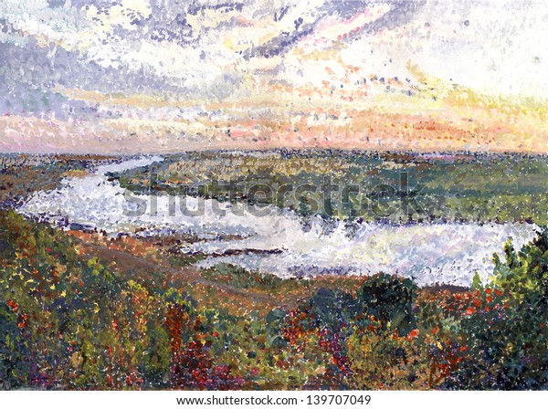 River landscape. River Tom.\
Russia. Siberia. Gouache painting. Pointillism. End of\
summer