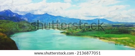 River in a mountain valley, clouds in the sky, wide panoramic view