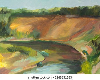 River Oil Painting. A Beautiful Landscape With A High Cliff In Warm Orange-brown Shades. A Study Of A Summer Day. The River Makes A Turn. Abstract Modern Art. The Concept Of Serenity Rest, Tranquility