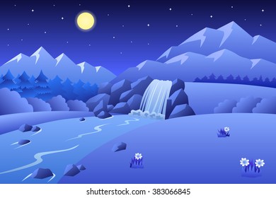 River waterfall mountains summer landscape night illustration  - Shutterstock ID 383066845