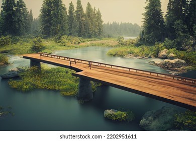 River With Wooden Bridge. Rocks On The Horizon, Deciduous Green Trees. 3D Illustration