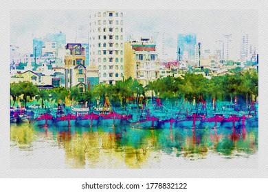 The Riverside Of Hans River, Da Nang, Viet Nam Picture Of Digital Watercolor Painting Art Technique Including Paper Texture And Mount Paper Frame