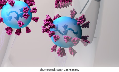 RNA Vaccine New Type Of Vaccine Inserts Fragments Of The Virus RNA Into Human Cells To Reprogram Them To Produce Viral Protein Spikes Then Stimulate And Immune Response. 3d Illustration