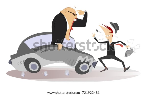 Road accident.\
Angry driver man cries to the pedestrian and suggests him think\
first and then cross a street\
\
